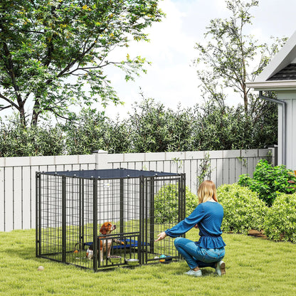 Outdoor Dog Run, Adjustable Rotatable Bowls, Sun-Shade Cover, 4.6' x 4.6' x 3.7' Houses, Kennels & Pens at Gallery Canada