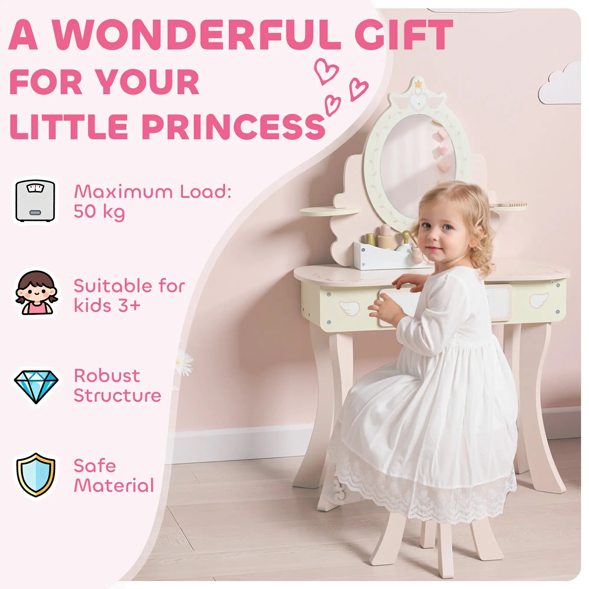 Kids Vanity Set with Mirror, Stool, 7 Accessories, Pink Toy Vanity at Gallery Canada