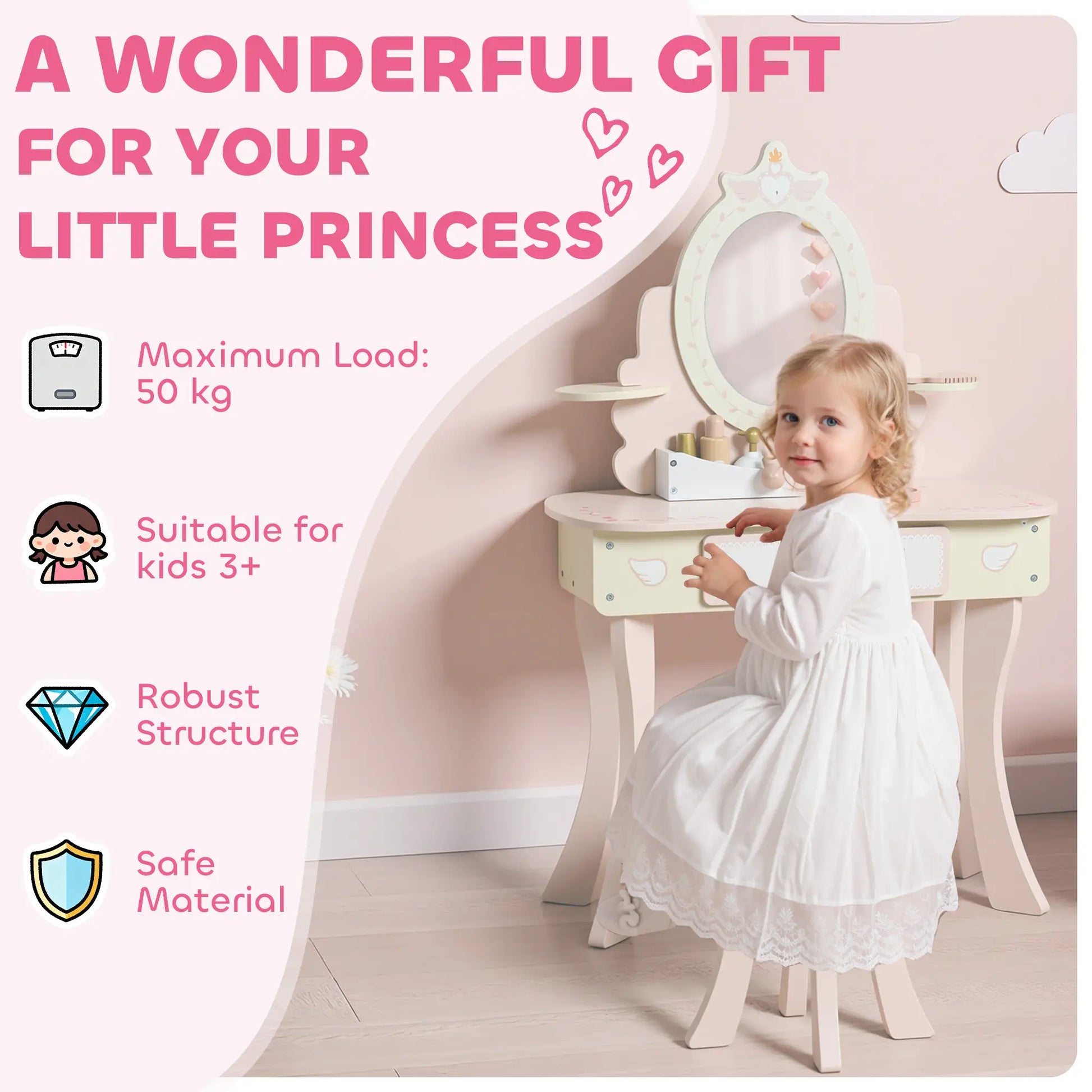 Kids Vanity Set with Mirror, Stool, 7 Accessories, Pink Toy Vanity at Gallery Canada