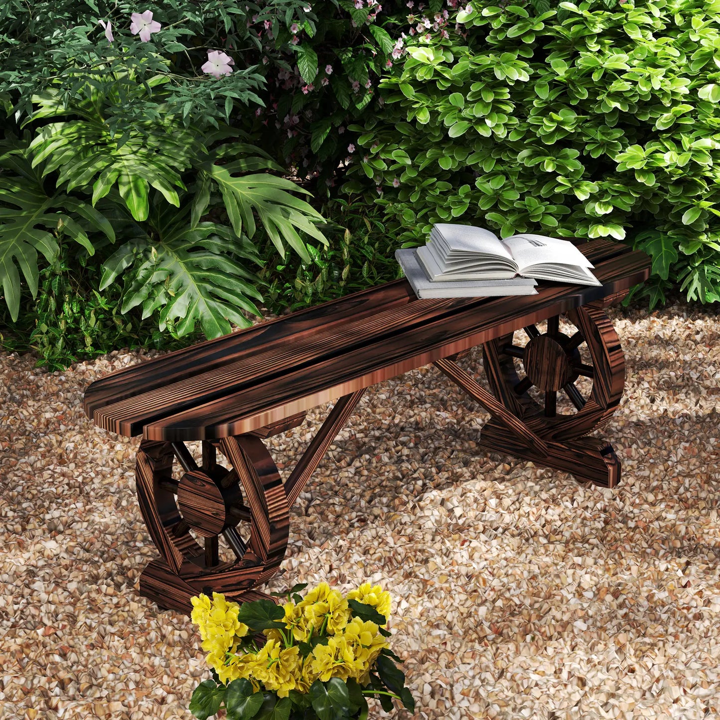 2-Person Outdoor Bench, Wood Garden Bench with Wagon Wheel Legs, Carbonized Outdoor Benches at Gallery Canada
