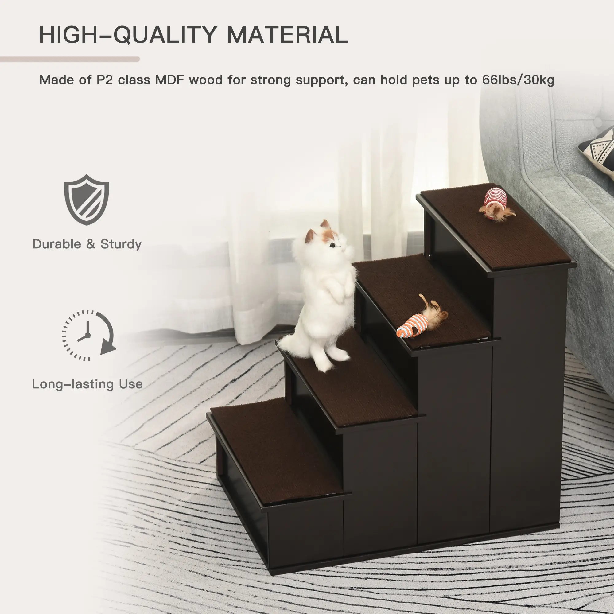 4-Level Wooden Pet Stairs, Non-Slip Carpet, Dark Coffee Dog Stairs at Gallery Canada