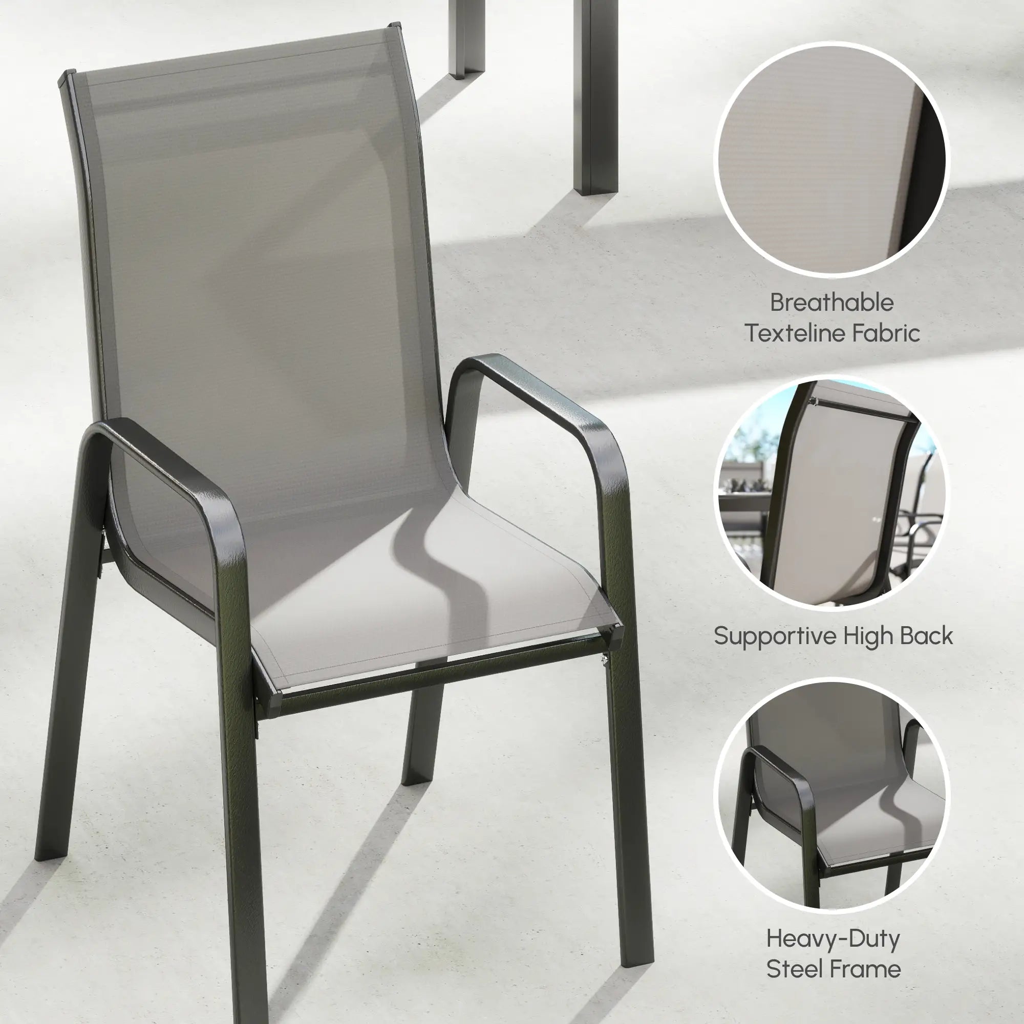9-Piece Patio Dining Set, Glass Top Table, Stackable Chairs, Dark Grey Outdoor Dining Sets at Gallery Canada