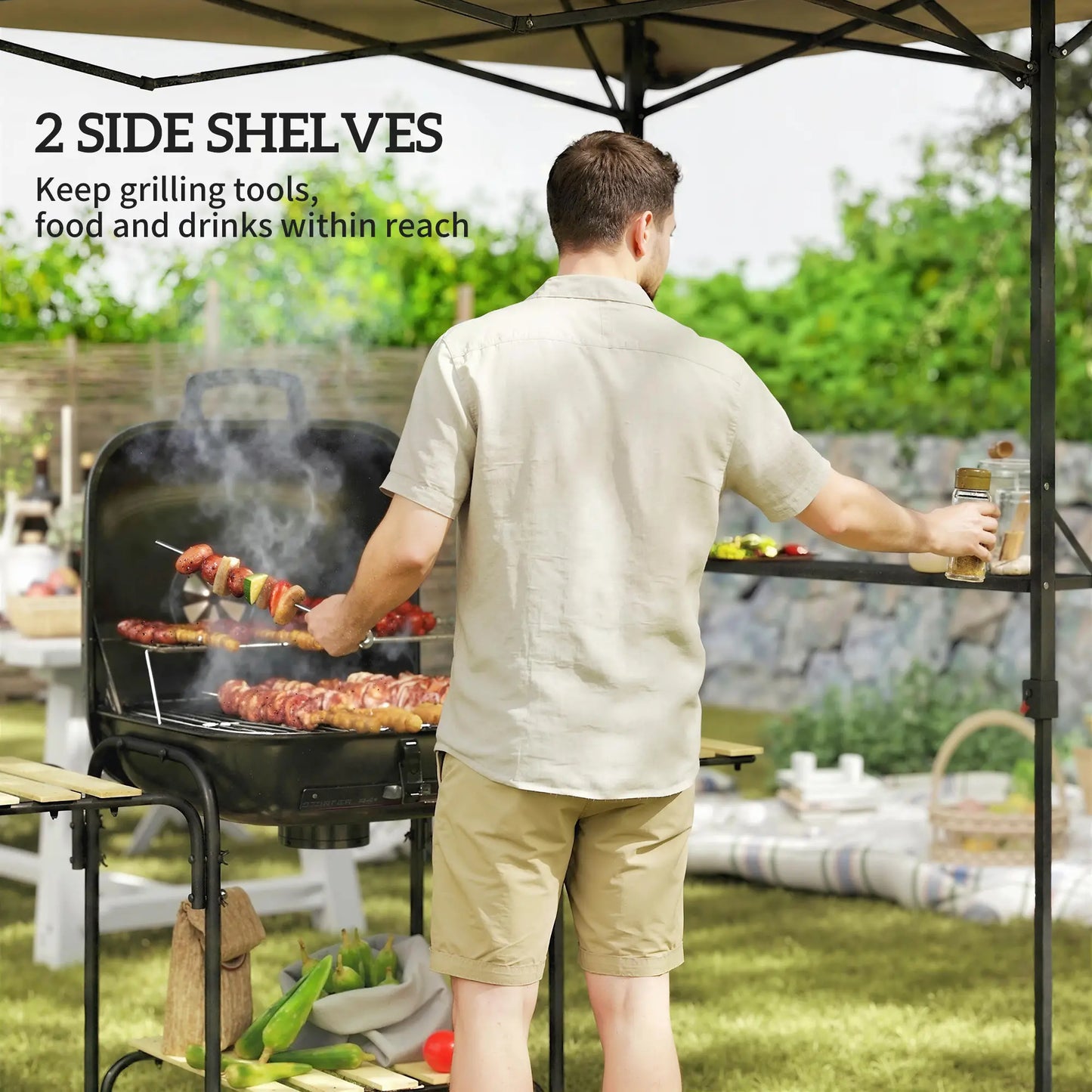 5 x 8.5 ft Pop Up Grill Gazebo, 2 Shelves, UPF 50+ Canopy, Khaki Pop Up Canopies at Gallery Canada