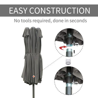 15' Outdoor Patio Umbrella, Twin Canopy Sunshade, Steel Table, Lift Crank, Dark Grey Sun Umbrellas at Gallery Canada