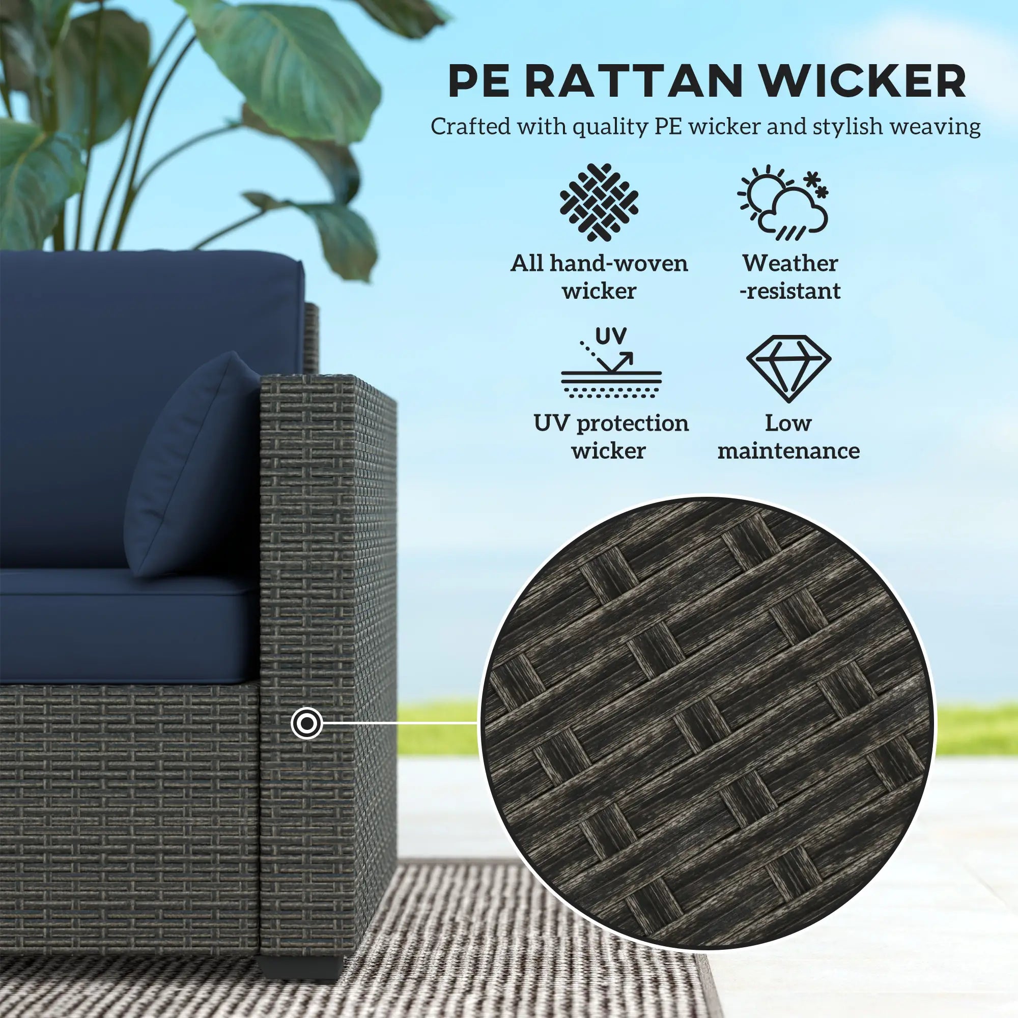 3-Seater Outdoor Sofa, PE Rattan Patio Couch With Cushions, Blue/Brown Patio Furniture Sets at Gallery Canada