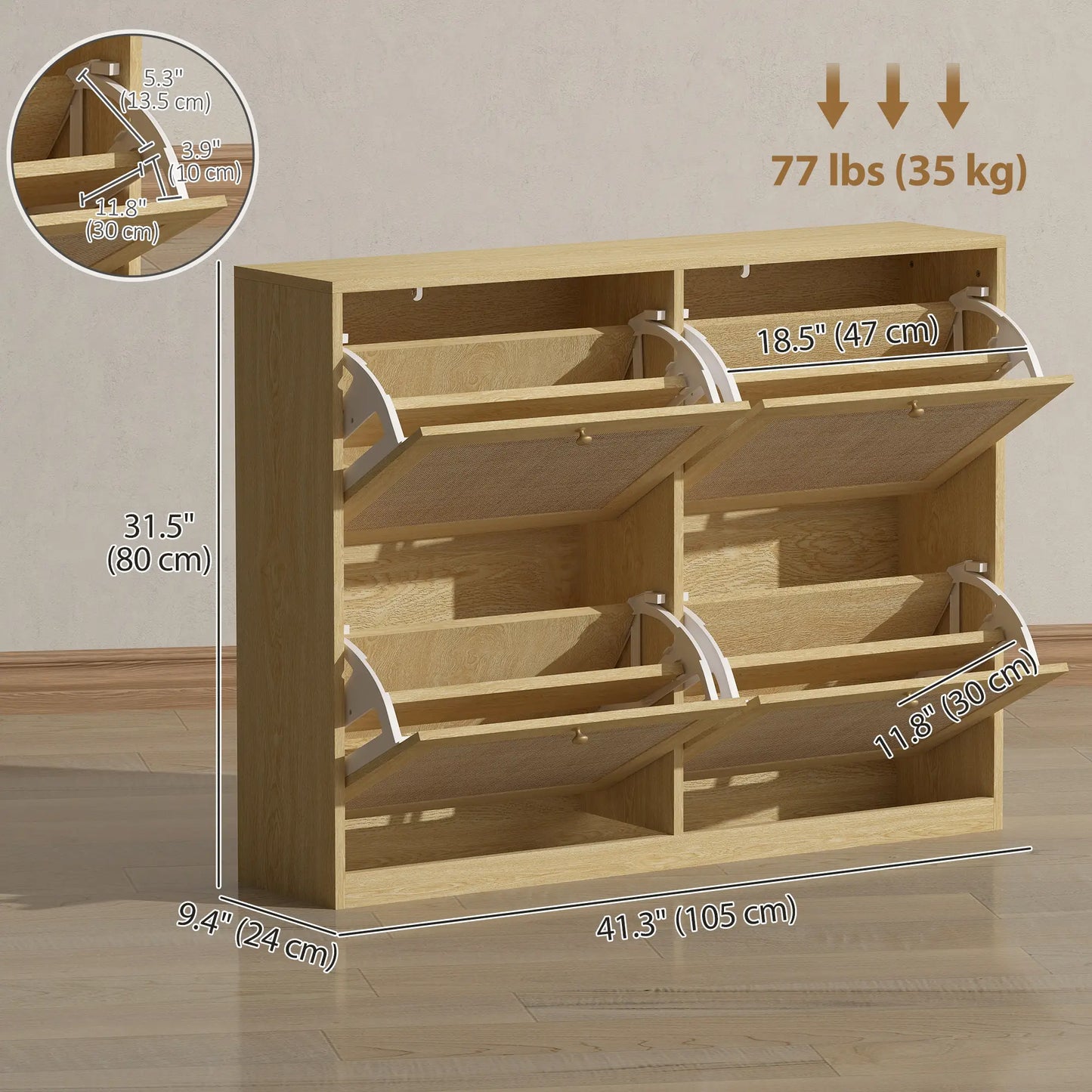 Narrow Shoe Storage Cabinet, 4 Flip Drawers, Adjustable Shelves, 20 Pairs, Oak Shoe Storage Cabinets & Racks at Gallery Canada