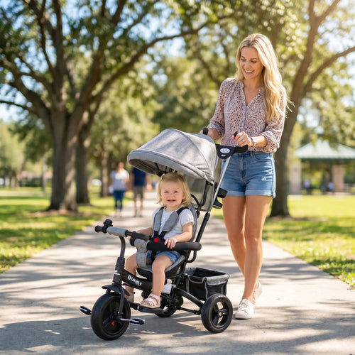 6 in 1 Toddler Tricycle Stroller, Basket, Canopy, 5-Point Harness, 12-60 Months, Grey