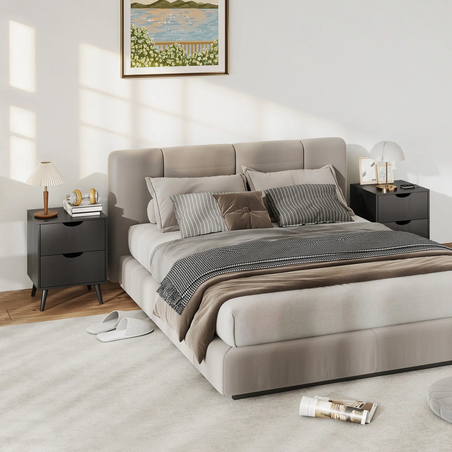 Modern Bedside Table Set Of 2, 2 Drawers, Pine Wood Legs, Black Bedside Tables at Gallery Canada