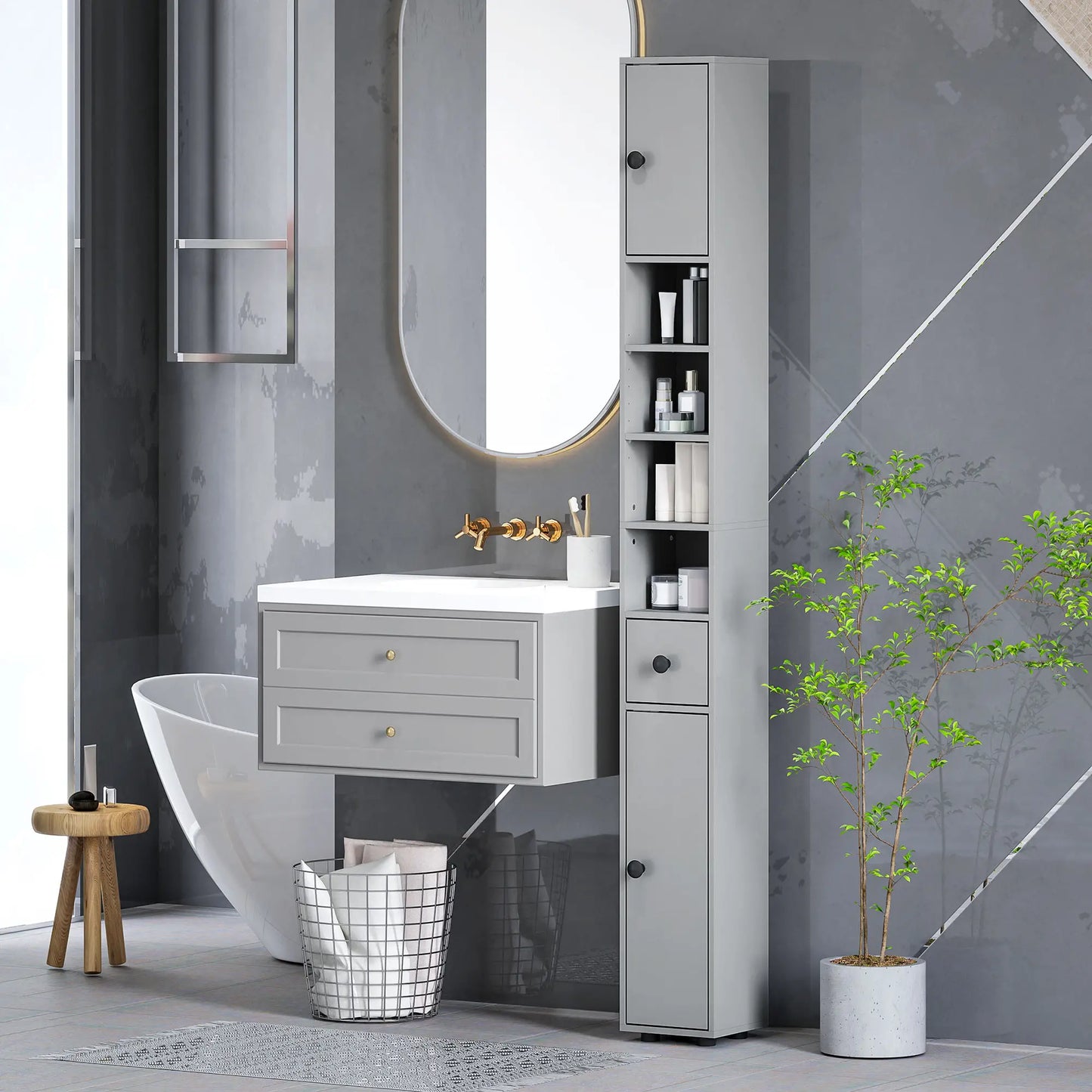 71" Tall Bathroom Cabinet, Narrow Toilet Paper Storage, 2 Door, Adjustable Shelves, Grey Bathroom Cabinets at Gallery Canada