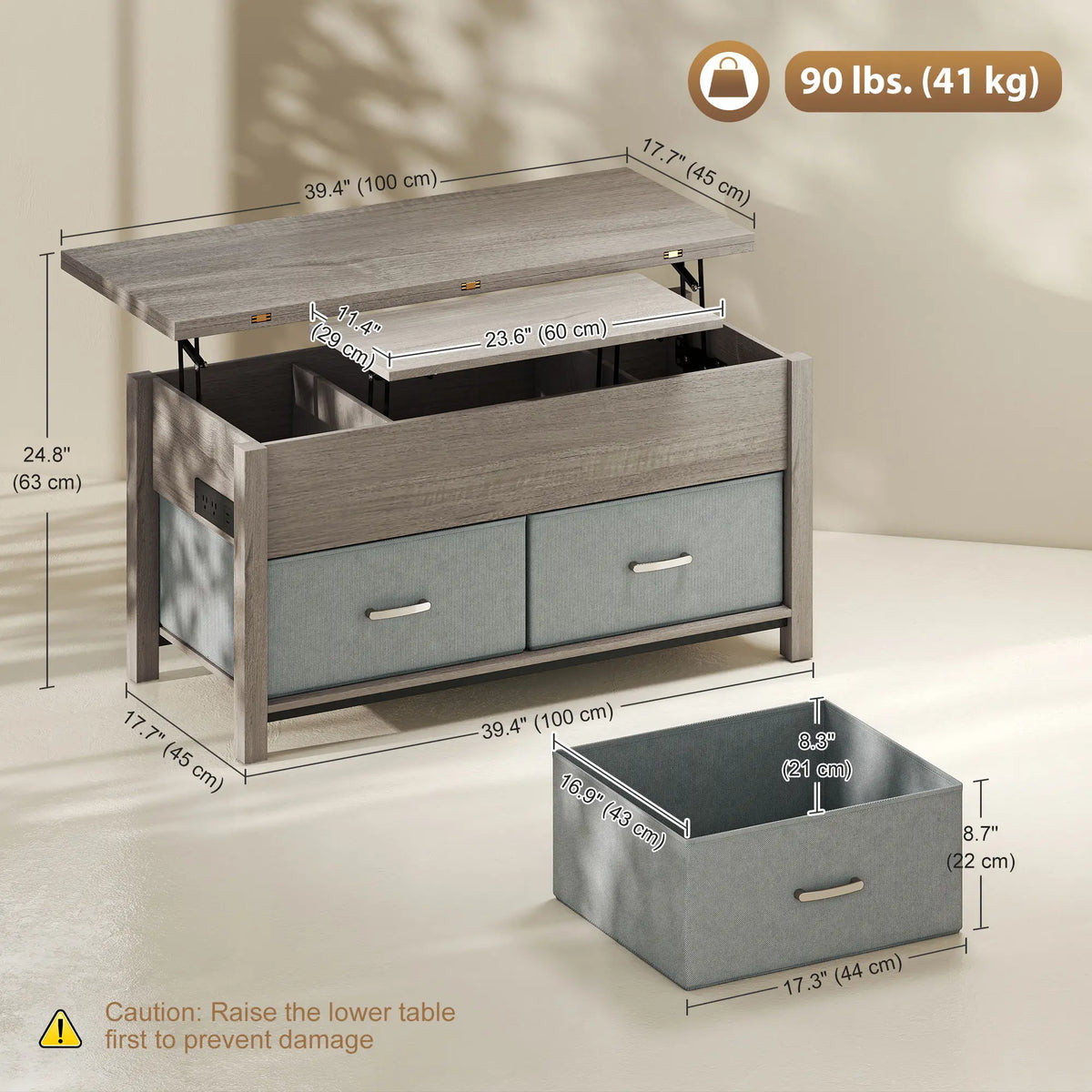 Lift Top Coffee Table, 3 Hidden Compartments, 2 Fabric Drawers, Expandable Top, Charging Station Coffee Tables at Gallery Canada