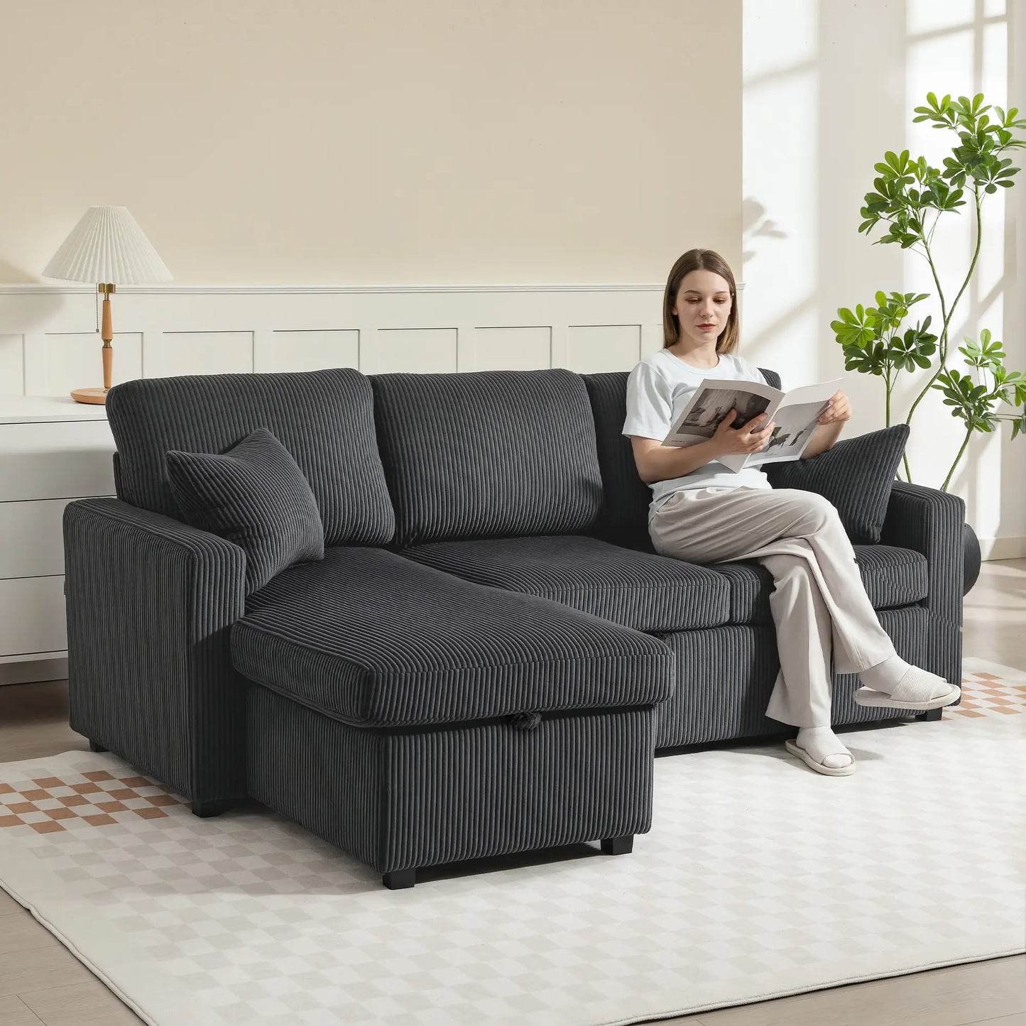 81" Sofa Bed, Pull Out Sleeper with Storage, Corduroy Convertible Couch, Dark Grey Sofas & Reclining Chairs at Gallery Canada