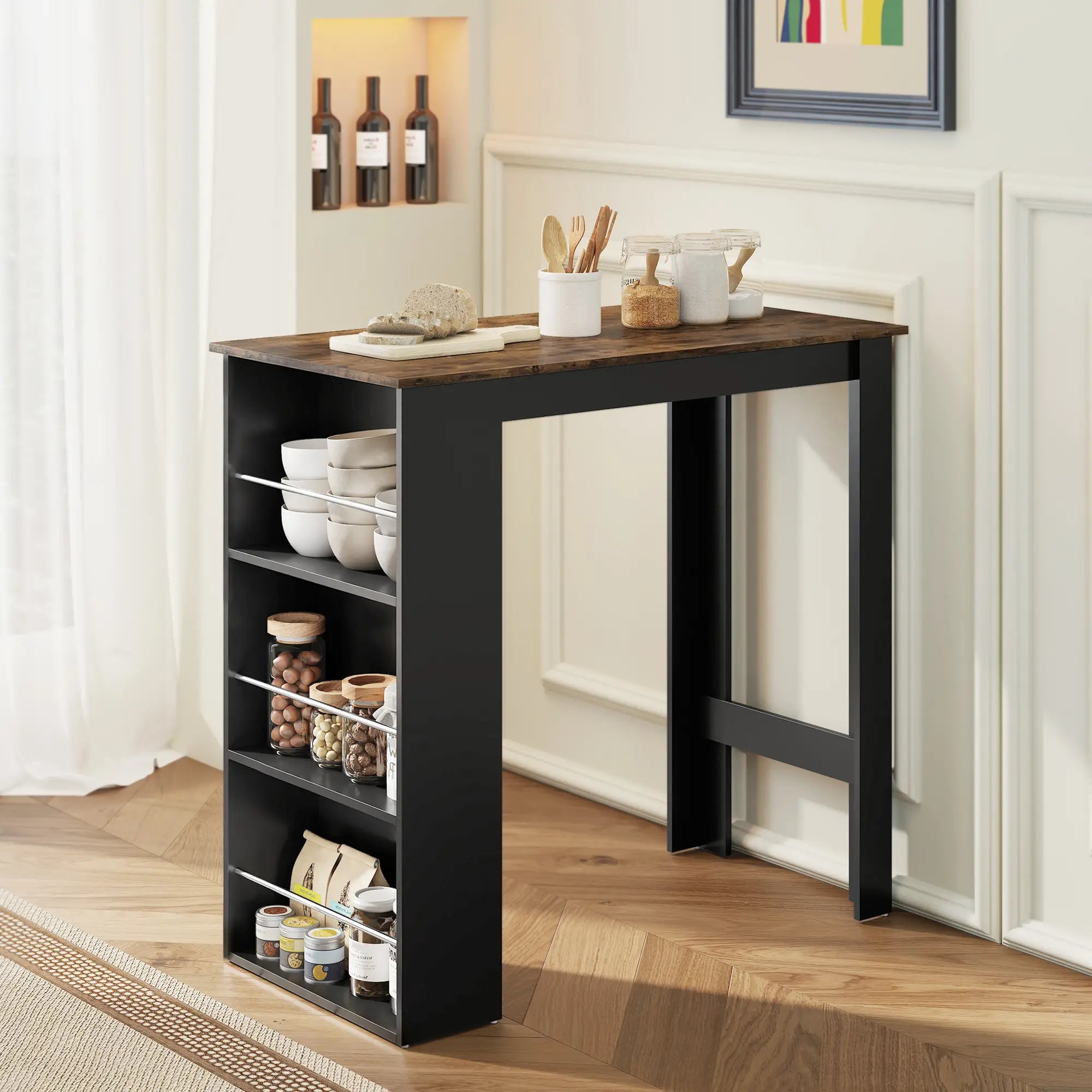 Modern Bar Table, Counter Height, 3 Storage Shelves, Rustic Brown, Brown Bar Tables at Gallery Canada