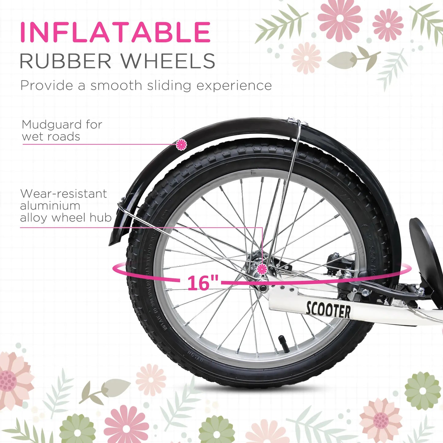 Kids Kick Scooter, Adjustable Handlebar, 2 Brakes, Basket, 16", Pink Scooters at Gallery Canada