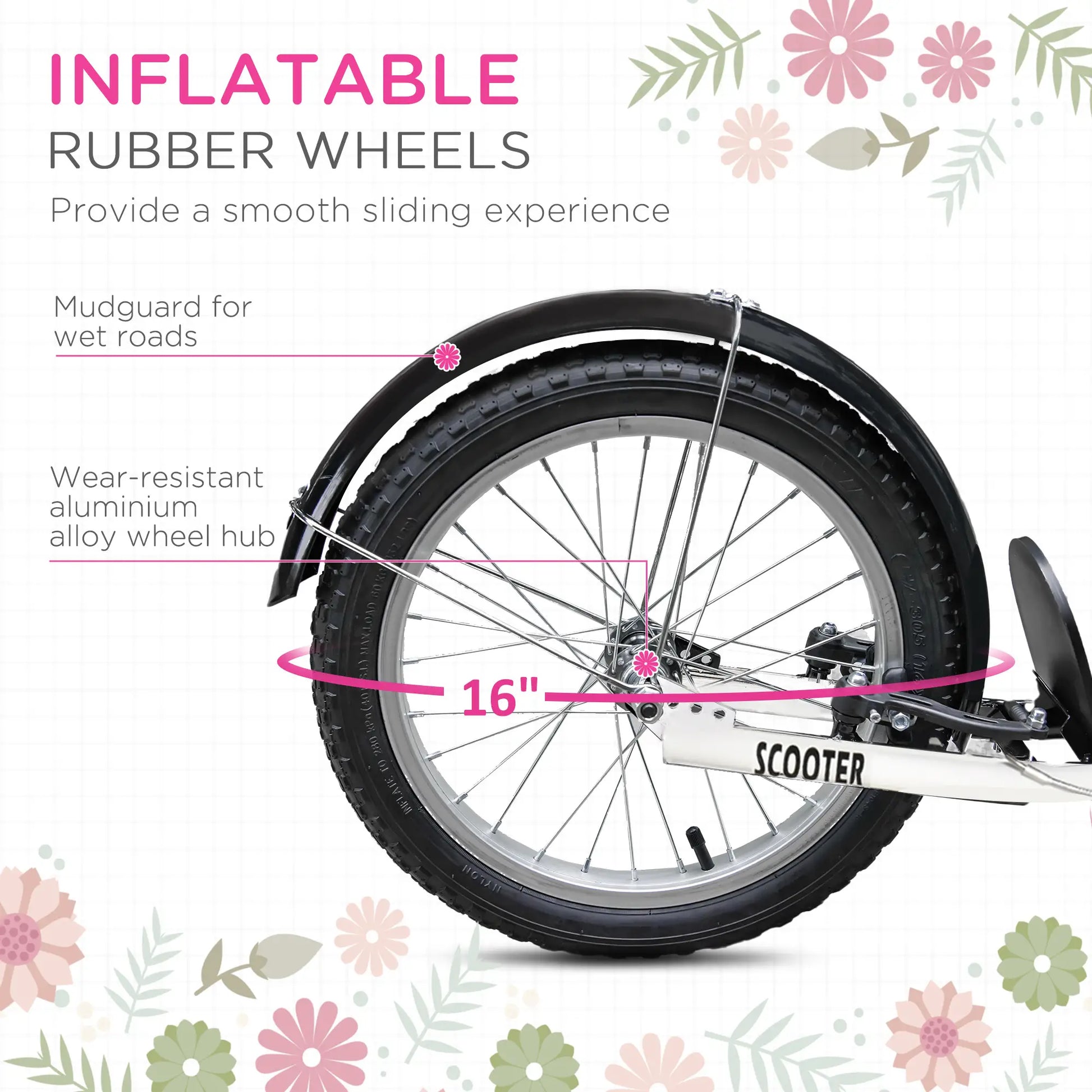 Kids Kick Scooter, Adjustable Handlebar, 2 Brakes, Basket, 16", Pink Scooters at Gallery Canada