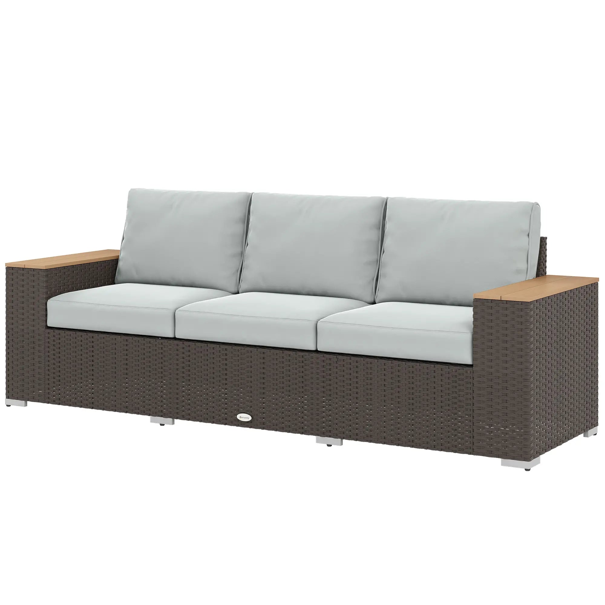 3-Seater Outdoor Sofa, Wicker Patio Couch With Wood Armrests, Grey Patio Furniture Sets Brown, Grey at Gallery Canada