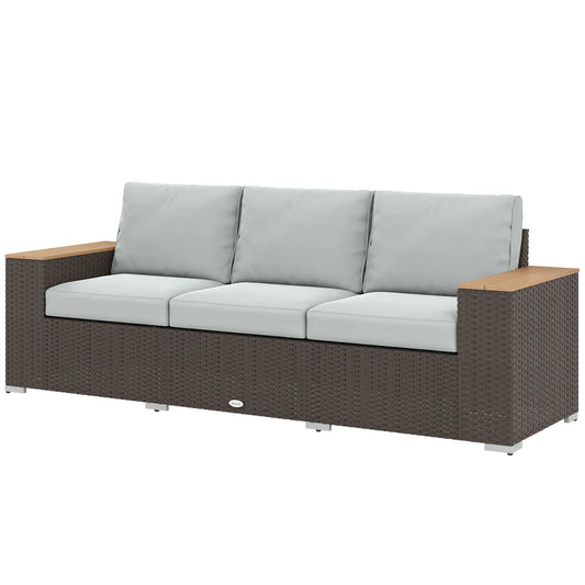 3-Seater Outdoor Sofa, Wicker Patio Couch With Wood Armrests, Grey Patio Furniture Sets Brown, Grey at Gallery Canada