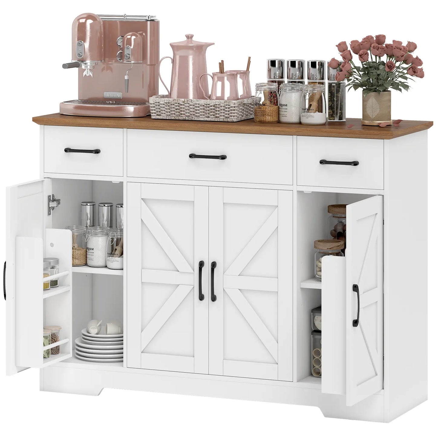 47" Buffet Cabinet, Farmhouse Sideboard, 3 Drawers, Adjustable Shelves, White Bar Cabinets White, Walnut at Gallery Canada