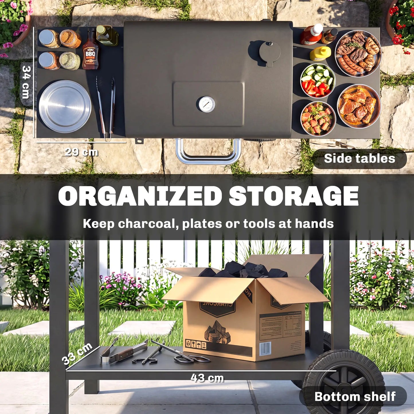 Charcoal Grill With Side Tables, Barbecue Smoker With Thermometer, 43.3"x18.3"x39.8", Black Charcoal BBQ Grils at Gallery Canada