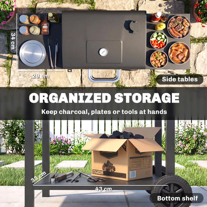 Charcoal Grill With Side Tables, Barbecue Smoker With Thermometer, 43.3"x18.3"x39.8", Black Charcoal BBQ Grils at Gallery Canada