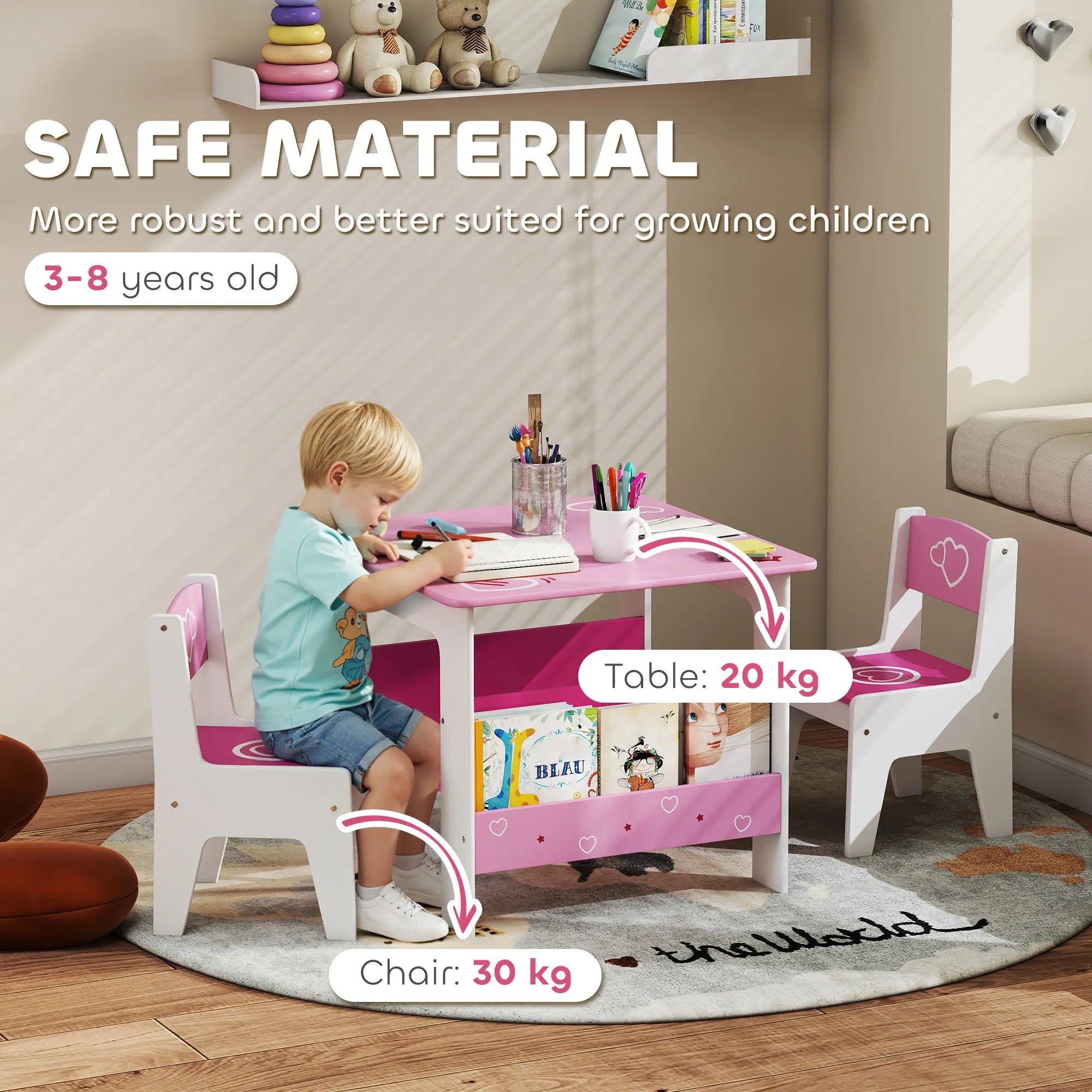 Kids Table Chair Set with Bookshelves, 3 Pieces, Pink Kids Table Sets at Gallery Canada