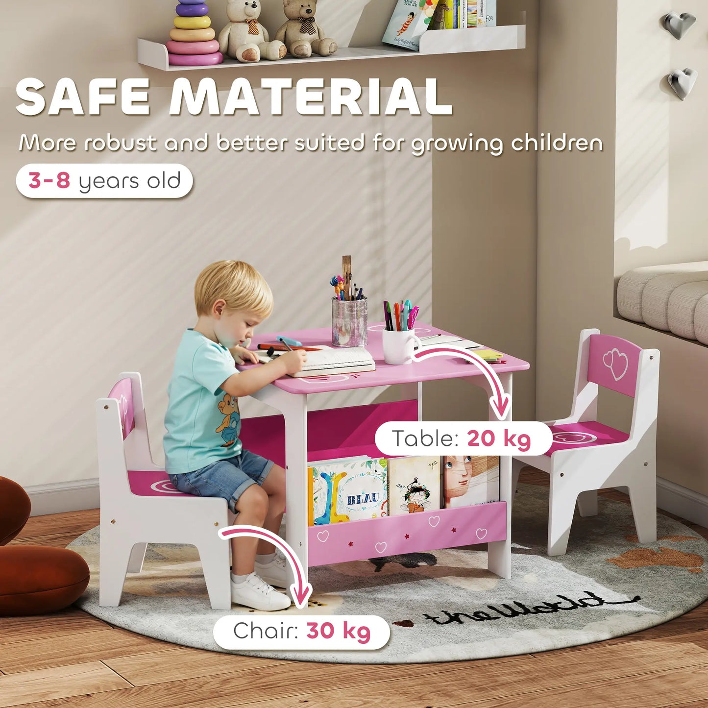 Kids Table Chair Set with Bookshelves, 3 Pieces, Pink Kids Table Sets at Gallery Canada