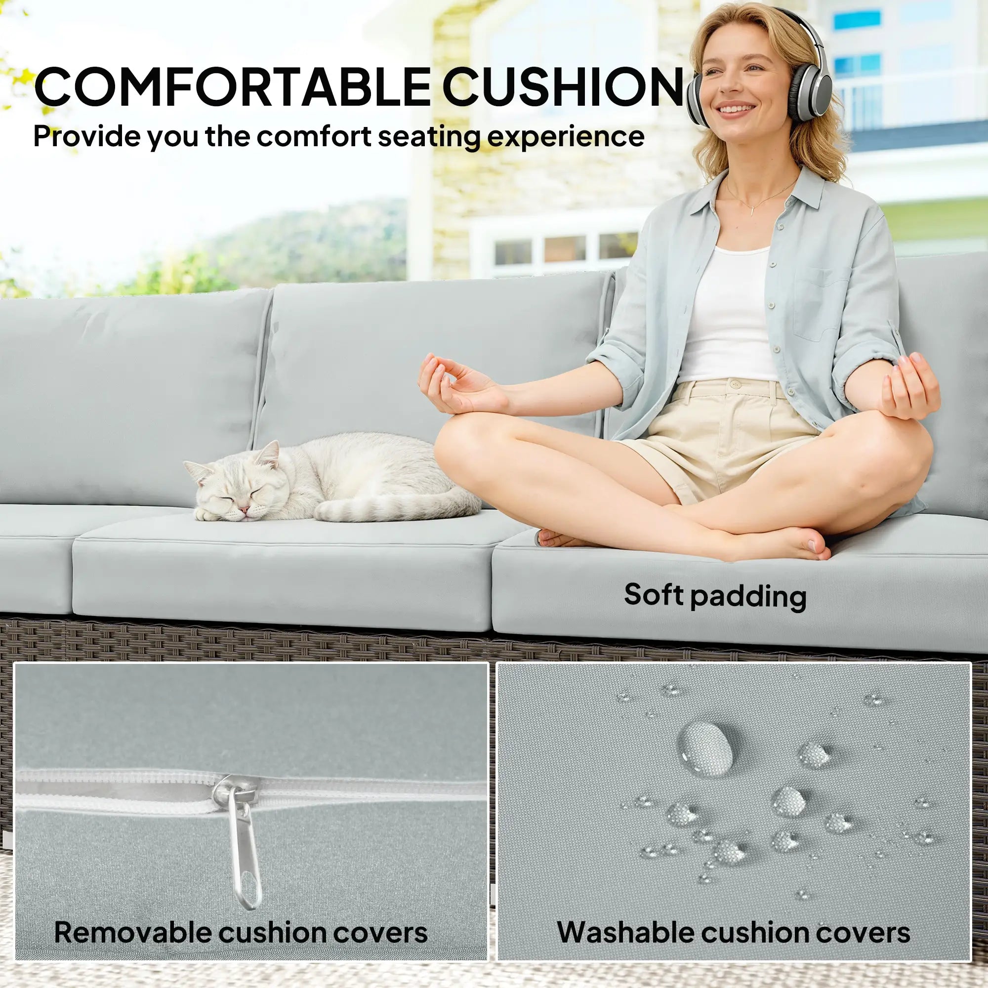 3-Seater Outdoor Sofa, Wicker Patio Couch With Wood Armrests, Grey Patio Furniture Sets at Gallery Canada