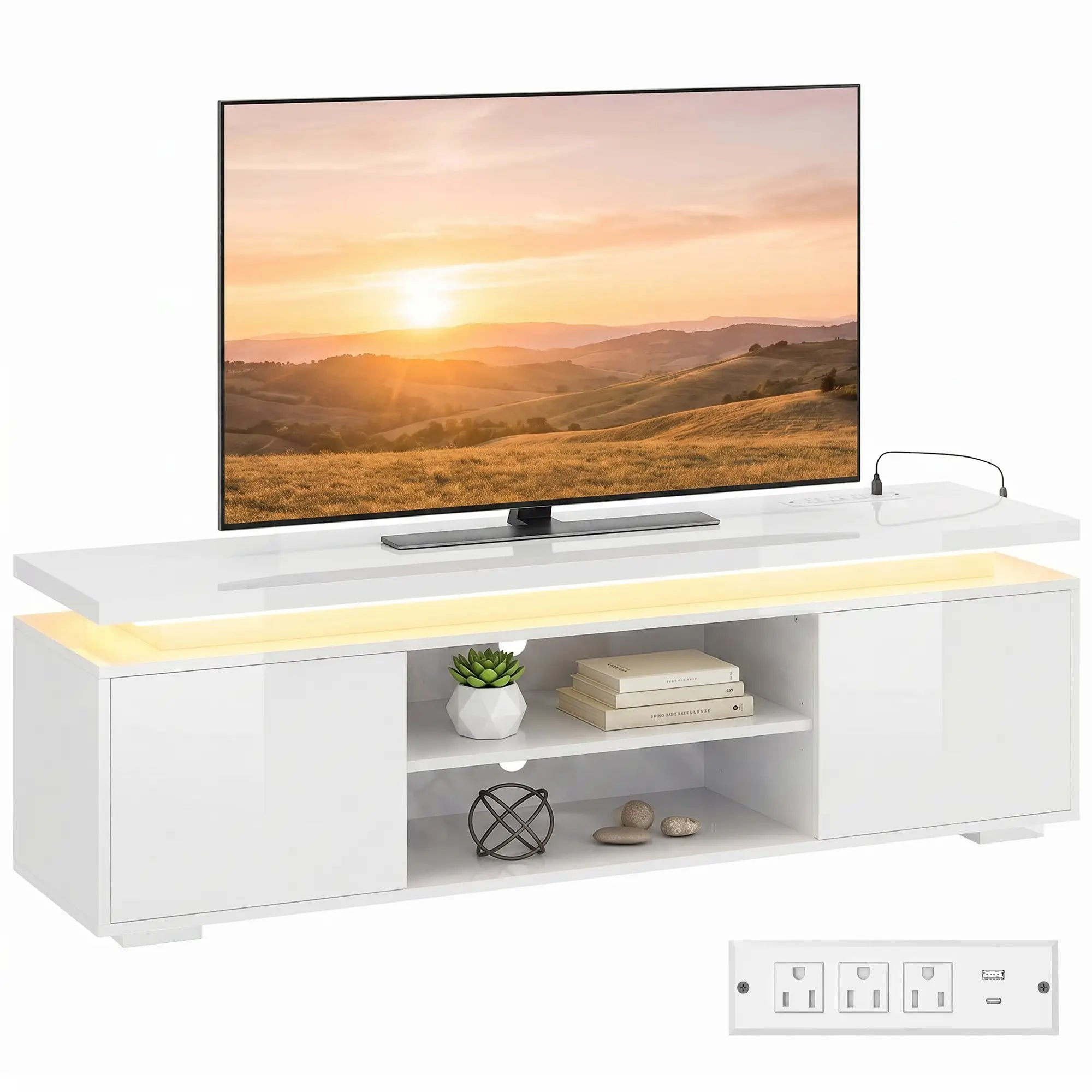 TV Stand For TVs Up To 60 In, Led Lights, Power Outlets, High Gloss White, White TV Stands at Gallery Canada