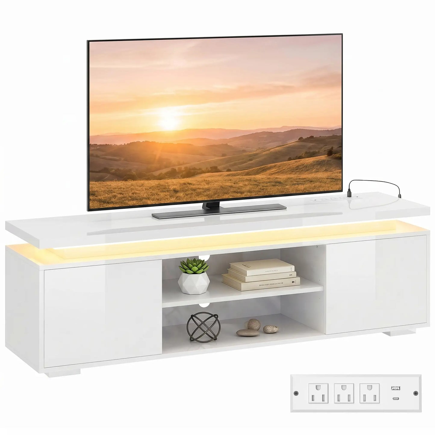 TV Stand For TVs Up To 60 In, Led Lights, Power Outlets, High Gloss White, White TV Stands at Gallery Canada