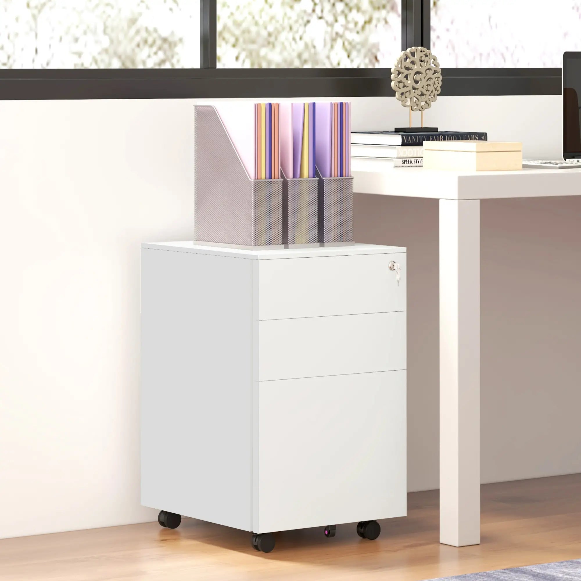 3-Drawer Steel Filing Cabinet on Wheels, Lockable, Adjustable Hanging Bar, White Office Cabinets & Cupboards at Gallery Canada