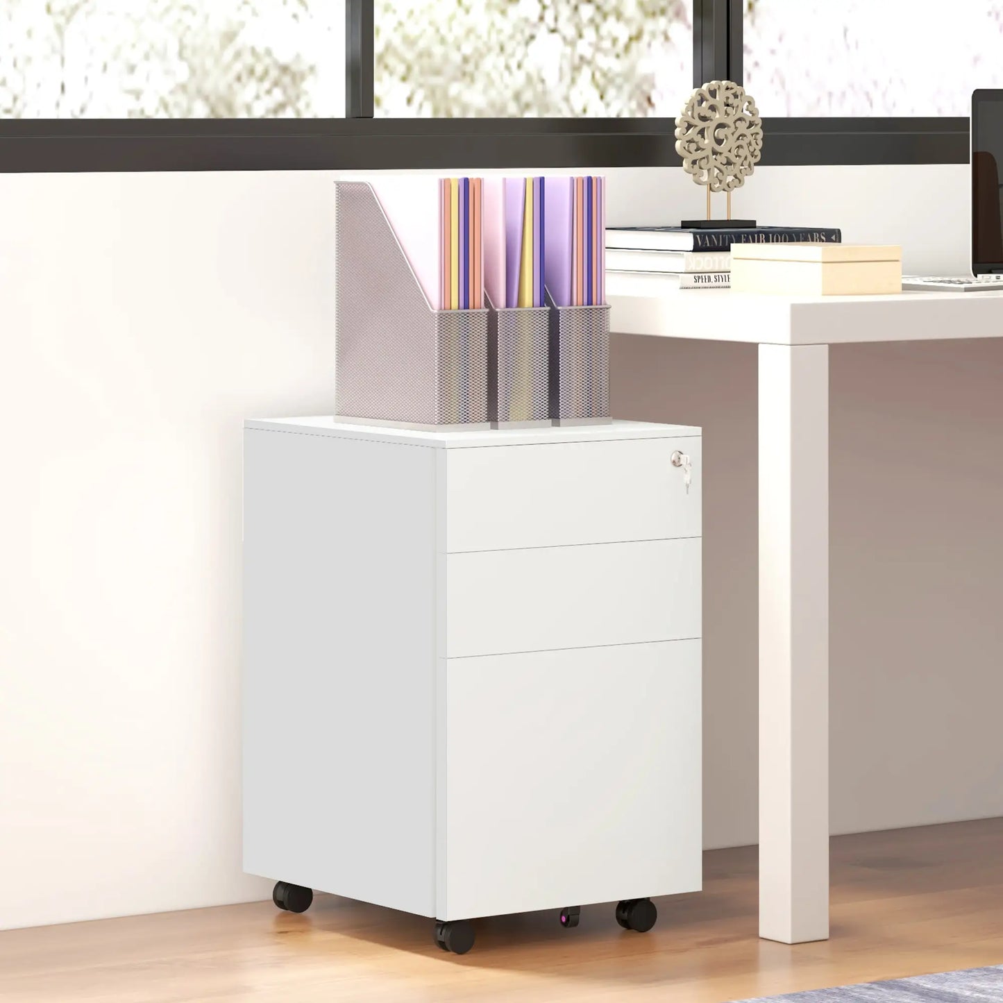 3-Drawer Steel Filing Cabinet on Wheels, Lockable, Adjustable Hanging Bar, White Office Cabinets & Cupboards at Gallery Canada