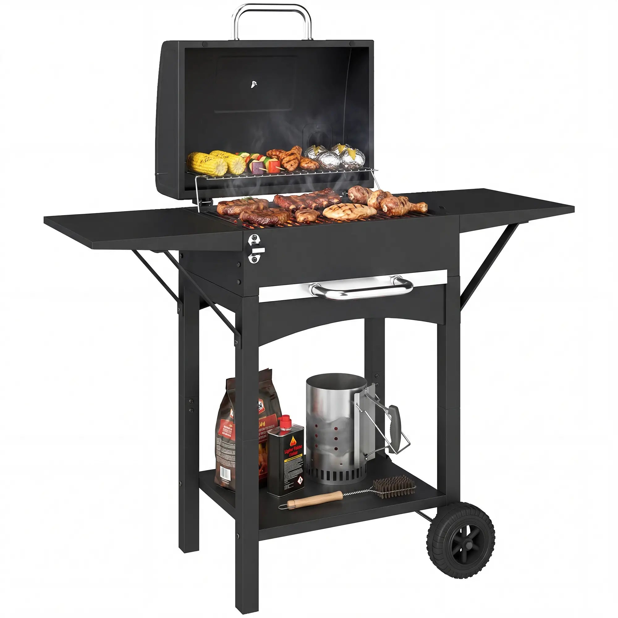 Charcoal Grill With Side Tables, Barbecue Smoker With Thermometer, 43.3