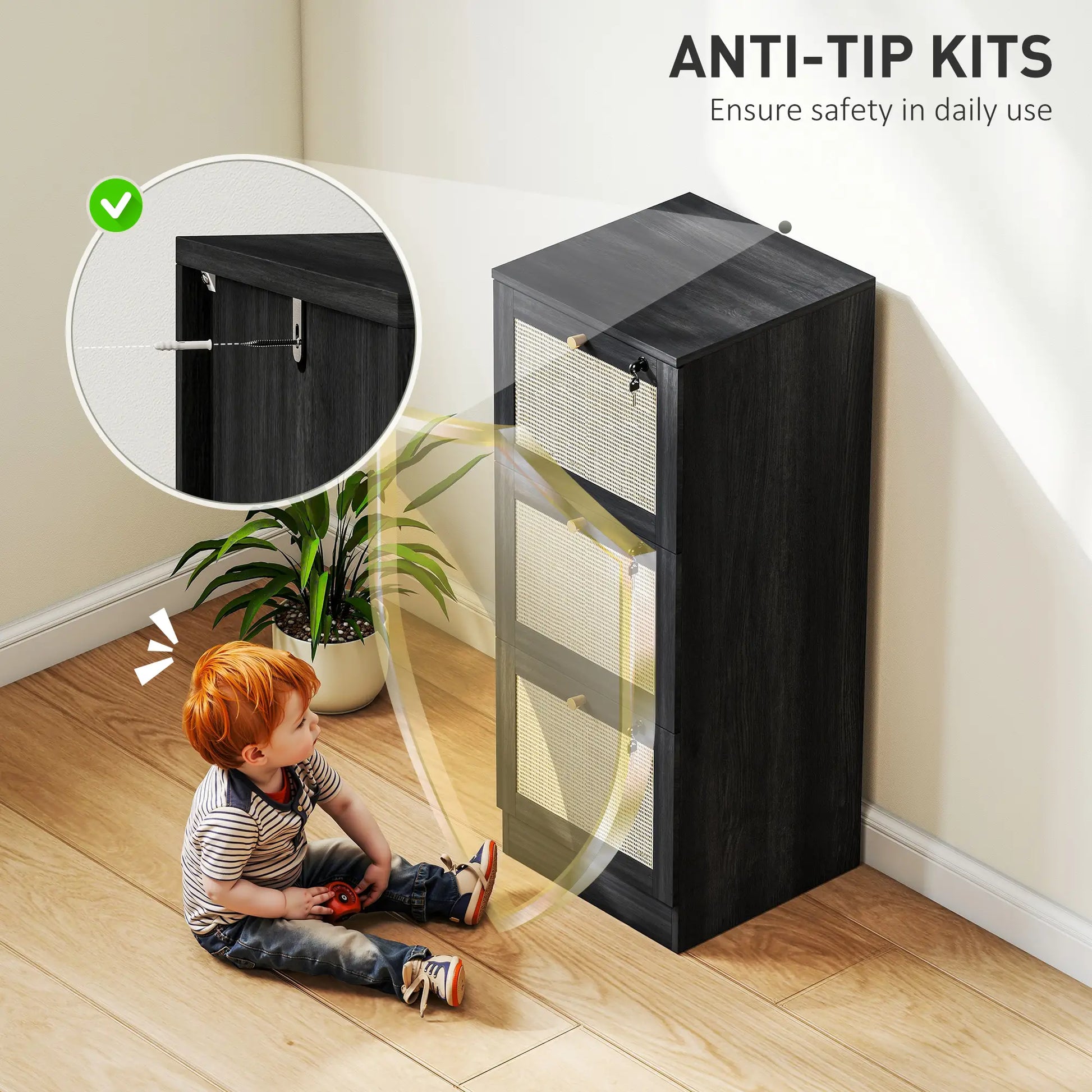 3 Drawer Filing Cabinet with Lock, Boho Style, A4 Letter Size, Black Office Cabinets & Cupboards at Gallery Canada