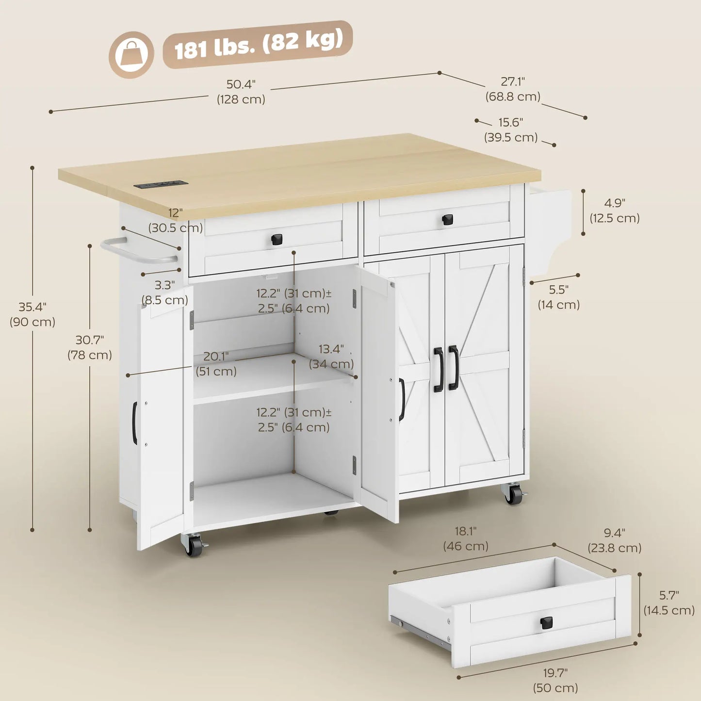 Rolling Kitchen Cart With Charging Station, Drop Leaf, Drawers