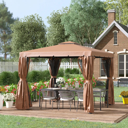 10' x 10' Outdoor Gazebo, Double Soft-Top, with Curtains, Brown