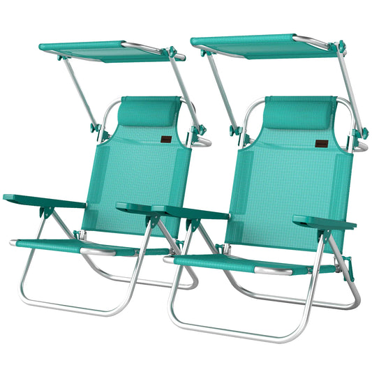 2 Piece Folding Beach Chairs with Adjustable Canopy, 6-Position Reclining Lounge Chair with Headrest, Turquoise Beach Accessories Turquoise at Gallery Canada