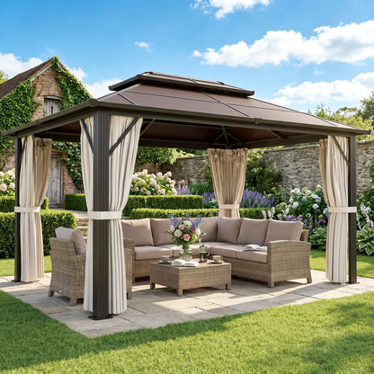 10' x 13' Hardtop Gazebo, UPF30+ Polycarbonate Roof, Aluminum Frame, Beige Gazebos at Gallery Canada