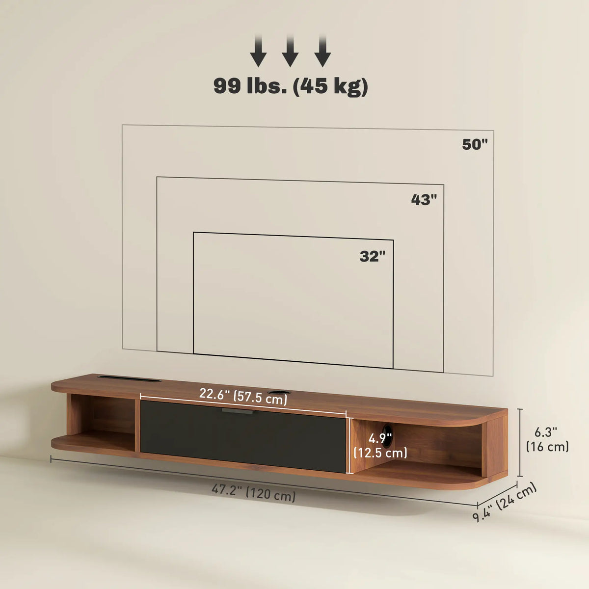47 Inch Floating TV Stand, Wall Mounted Media Console, Flip Drawer, 2 Open Shelves, Walnut TV Stands at Gallery Canada