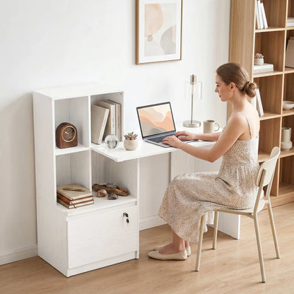 Bureau d'ordinateur avec bibliothèque et tiroir classeur, grain de bois blanc, blanc