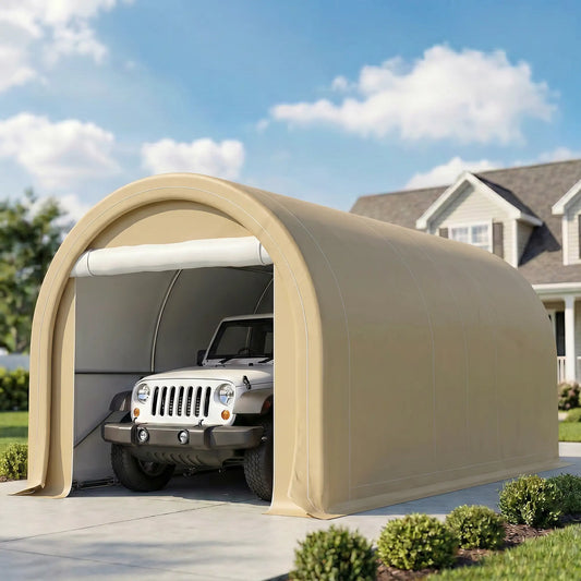 10' x 16' Heavy Duty Carport Tent, PE Cover, Beige Car Shelters Beige at Gallery Canada