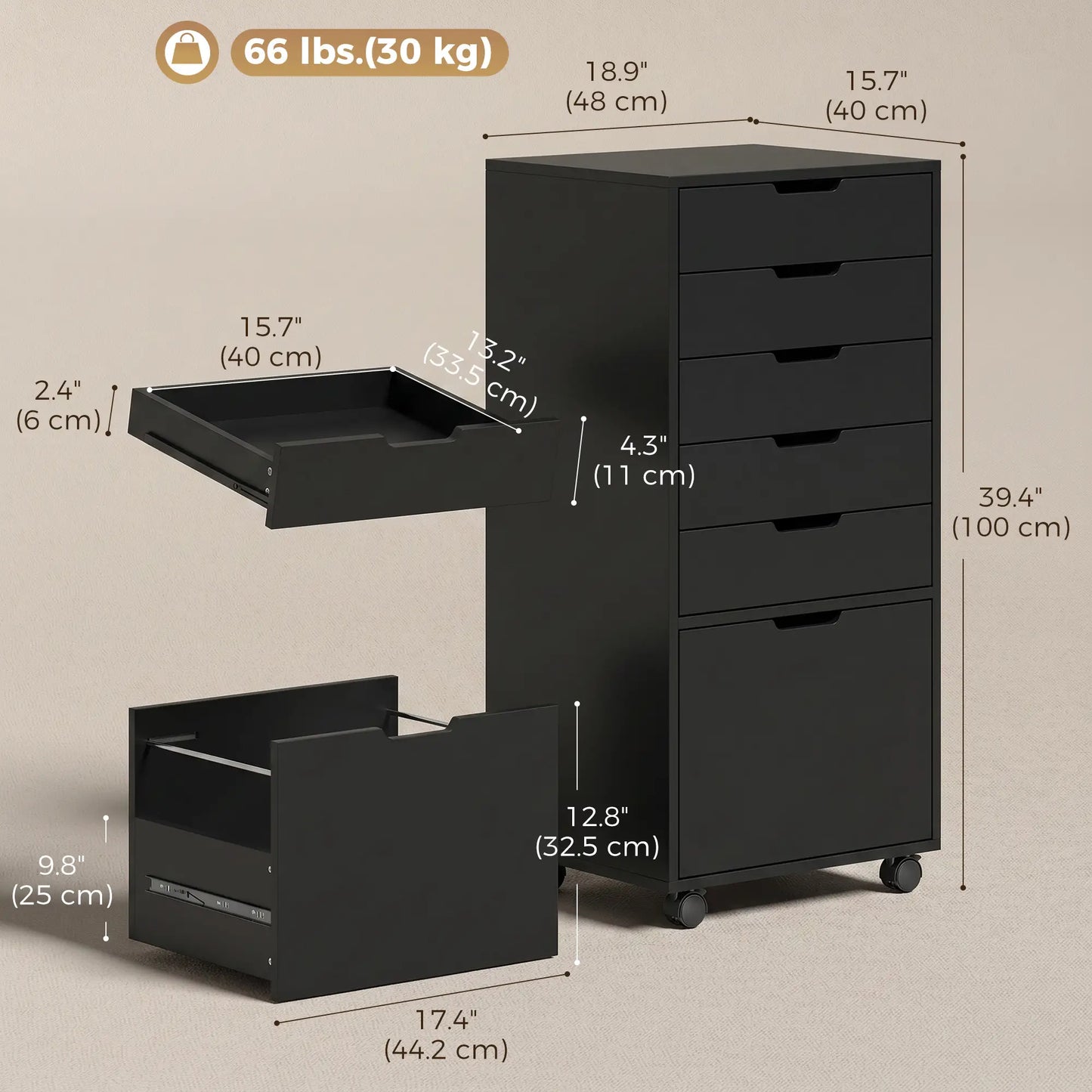Mobile File Cabinet On Wheels, 5 Drawer Printer Stand, Black