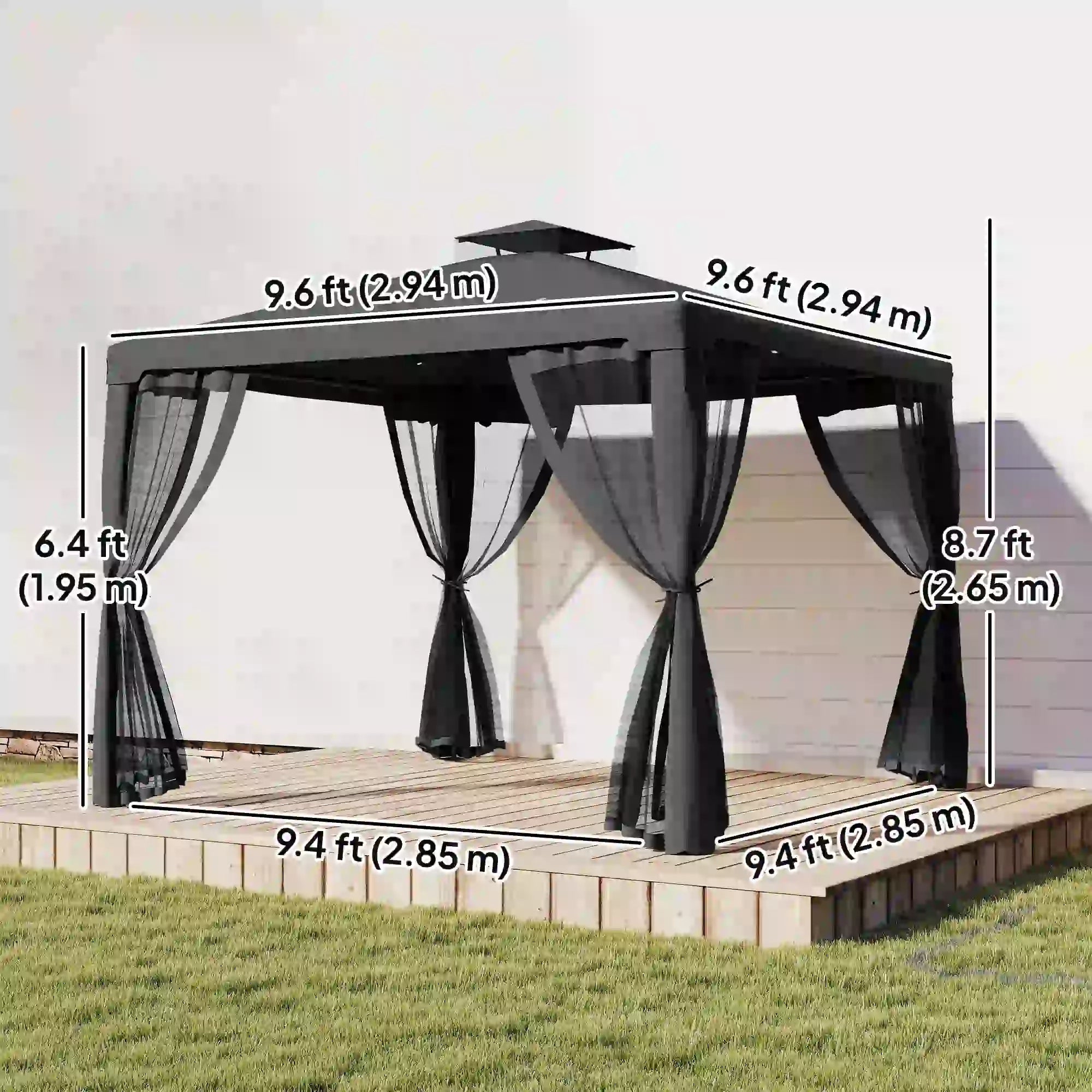 9.6' x 9.6' Gazebo, Steel Frame With Mosquito Netting, Dark Grey Gazebos at Gallery Canada