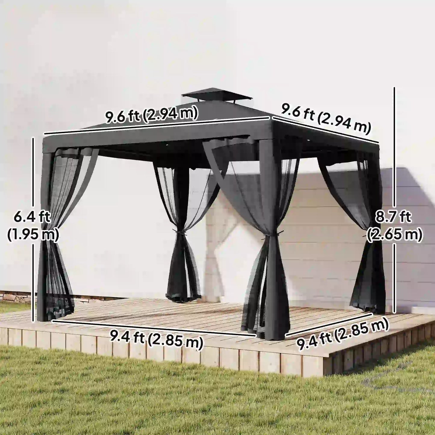 9.6' x 9.6' Gazebo, Steel Frame With Mosquito Netting, Dark Grey Gazebos at Gallery Canada