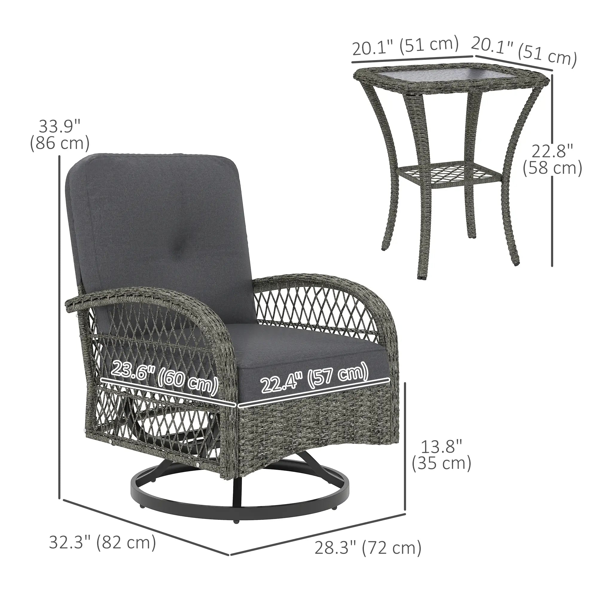 Wicker Balcony Furniture, 3 Piece Patio Set, 2 Swivel Rocking Chairs, 2-Tier Glass Coffee Table, Grey Bistro Sets at Gallery Canada