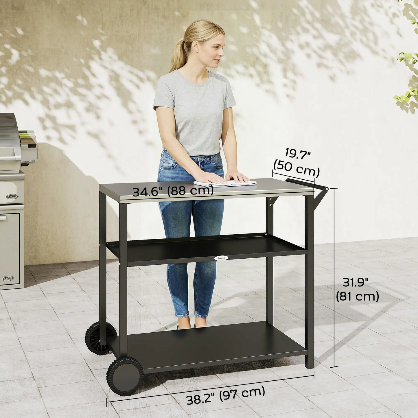 Outdoor Grill Cart, Stainless Steel Top, Three-Tier Pizza Oven Stand, Black Outdoor Grill Carts at Gallery Canada