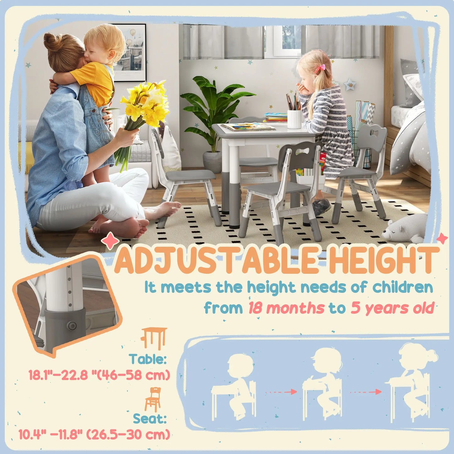 5 Pcs Toddler Table and Chair Set, Adjustable Height, Grey Kids Table Sets at Gallery Canada
