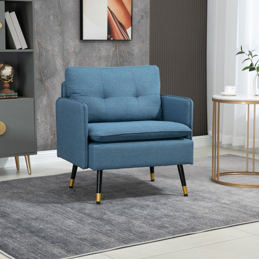 Accent Chair with Cushioned Seat and Back, Upholstered Fabric Armchair for Bedroom, Button Tufted Living Room Chair with Arms and Steel Legs, Blue - Gallery Canada