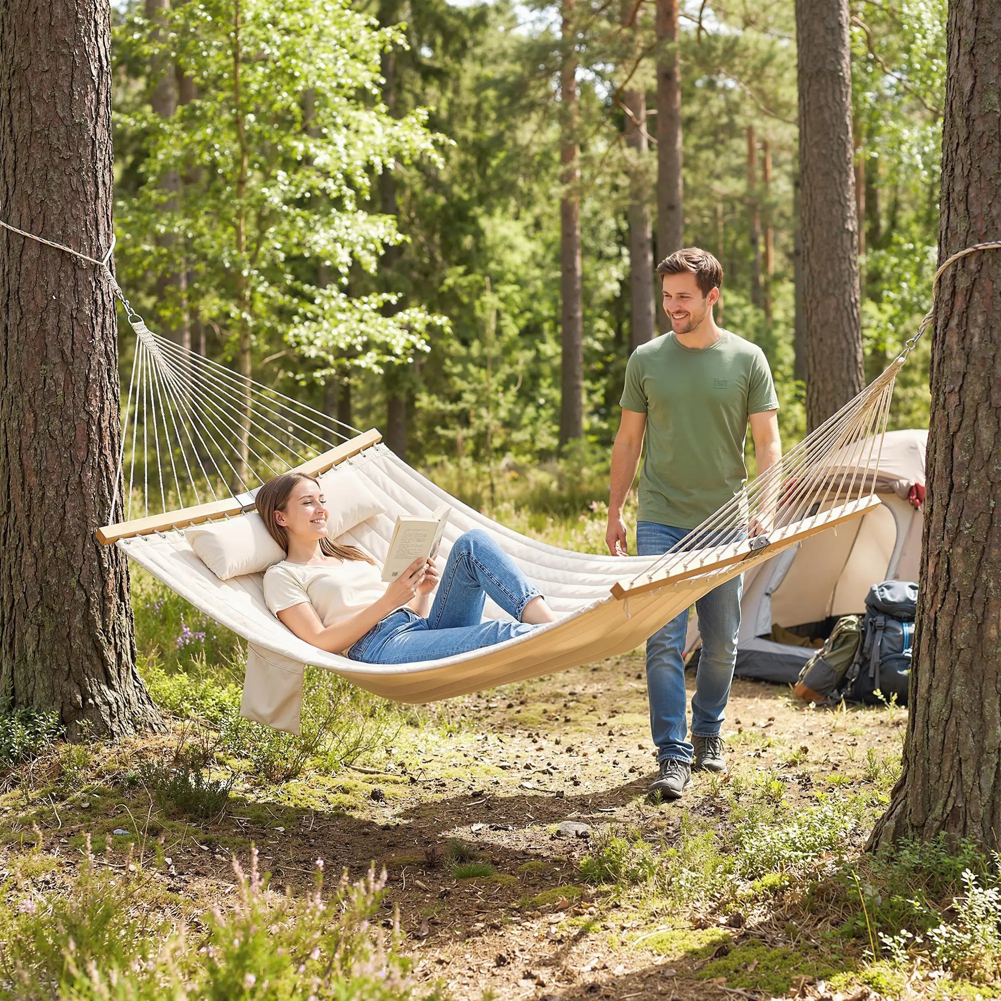 Outdoor Padded Camping Hammock With Pillow, 200 x 140 cm, Cream White Camping Hammocks at Gallery Canada