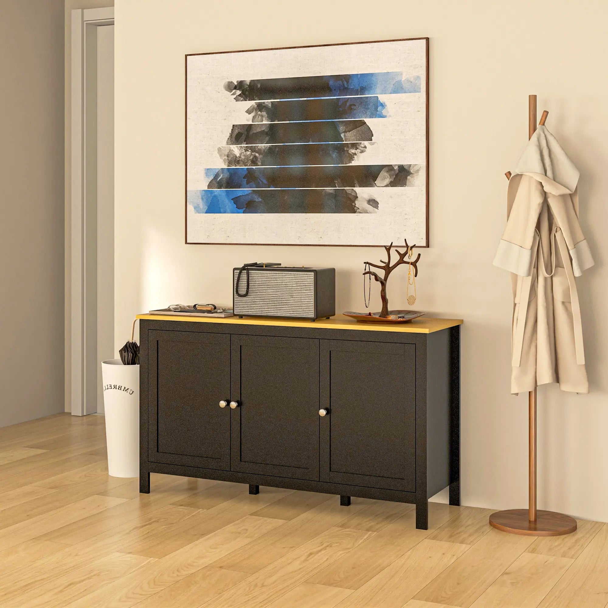 Sideboard, Buffet Cabinet with Doors, Adjustable Shelves, Natural, Black Kitchen Pantry Cabinets at Gallery Canada