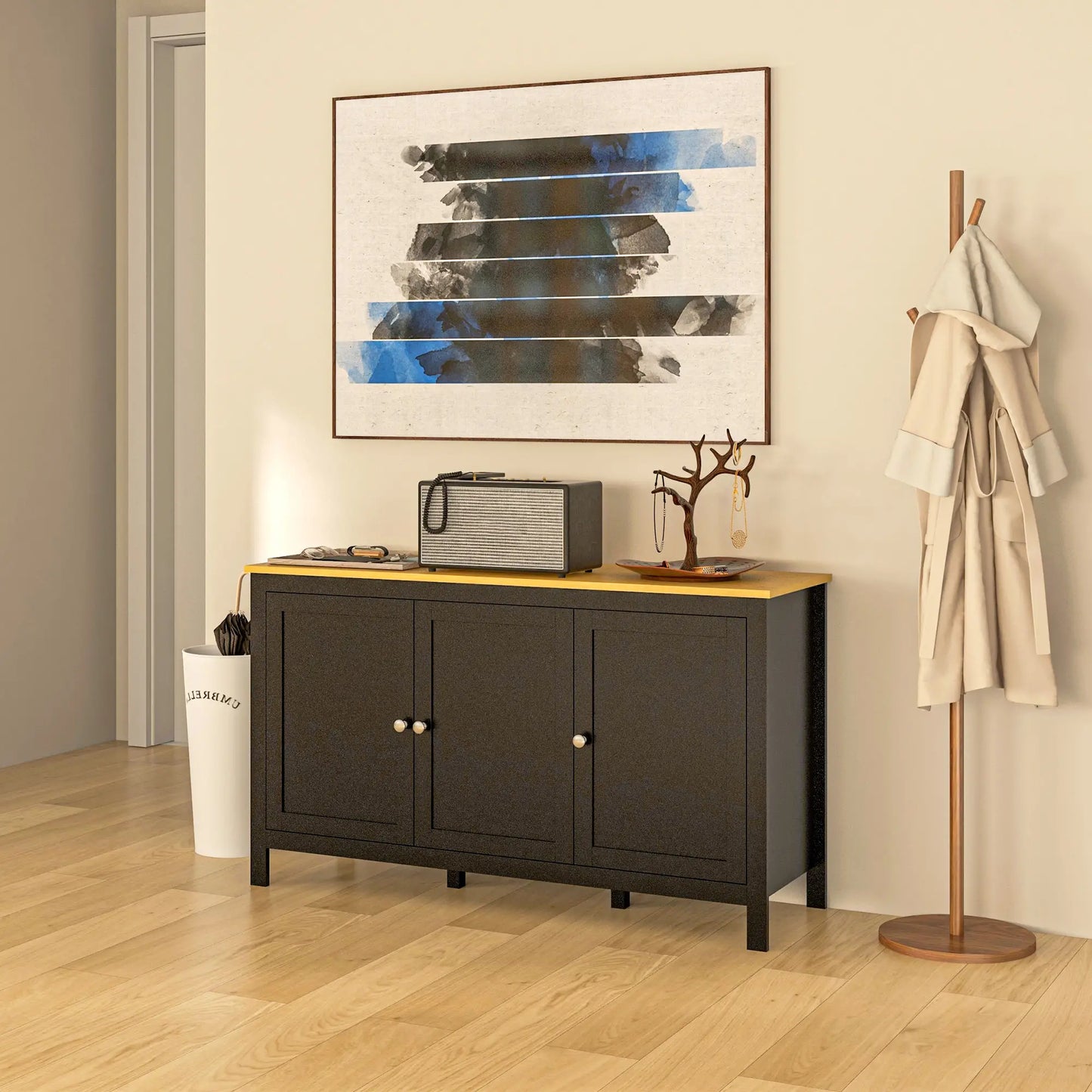 Sideboard, Buffet Cabinet with Doors, Adjustable Shelves, Natural, Black Kitchen Pantry Cabinets at Gallery Canada