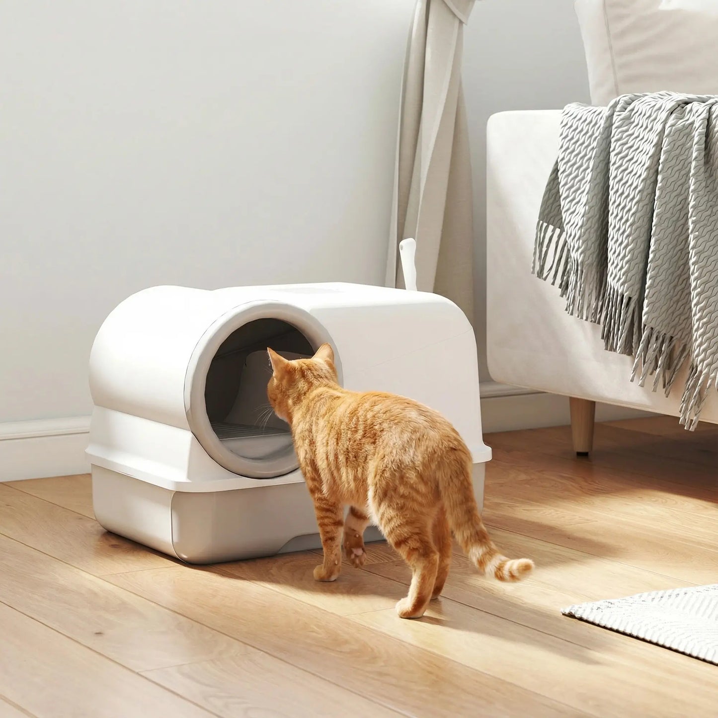 Hooded Cat Litter Box, Easy Clean Drawer, Odor Control, White Grey Cat Litter Box Enclosures at Gallery Canada